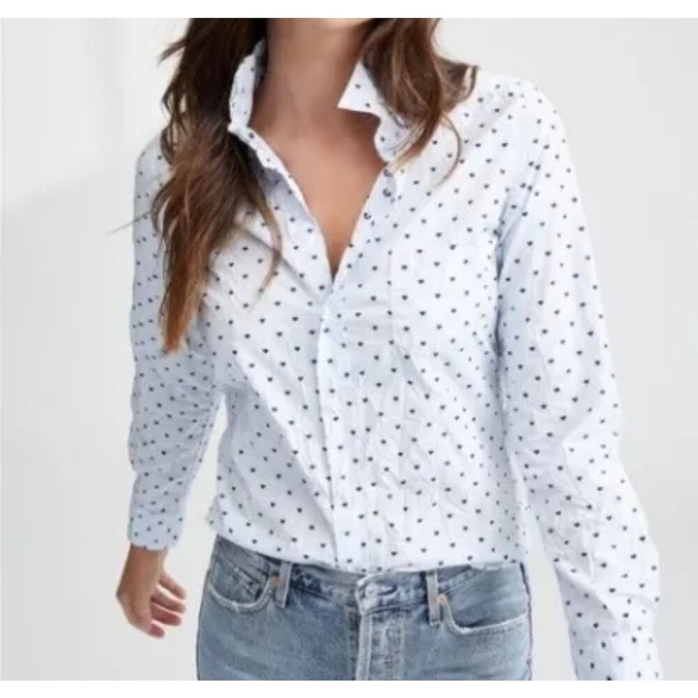 Frank & Eileen Barry Signature Crinkle Shirt Blue Pin Stripe Hearts Womens Large